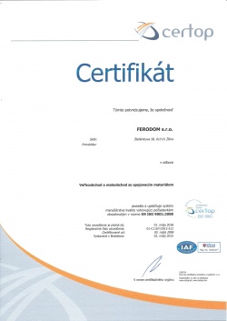 certifikát EN ISO 9001:2008 – 2015